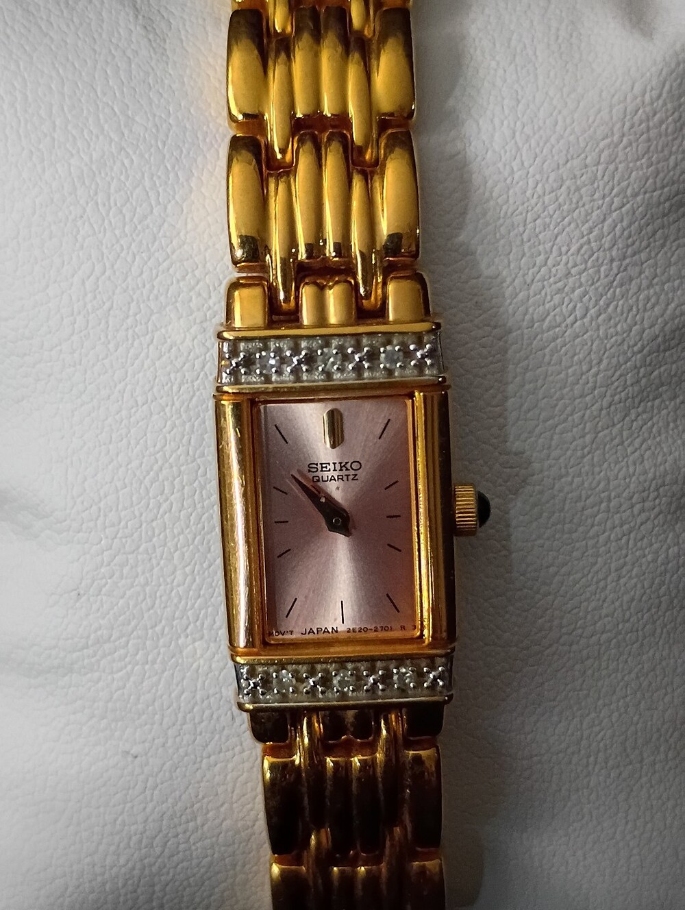 Seiko Gold Tone Women's Bracelet Watch with Pink Dial and Crystal Accents